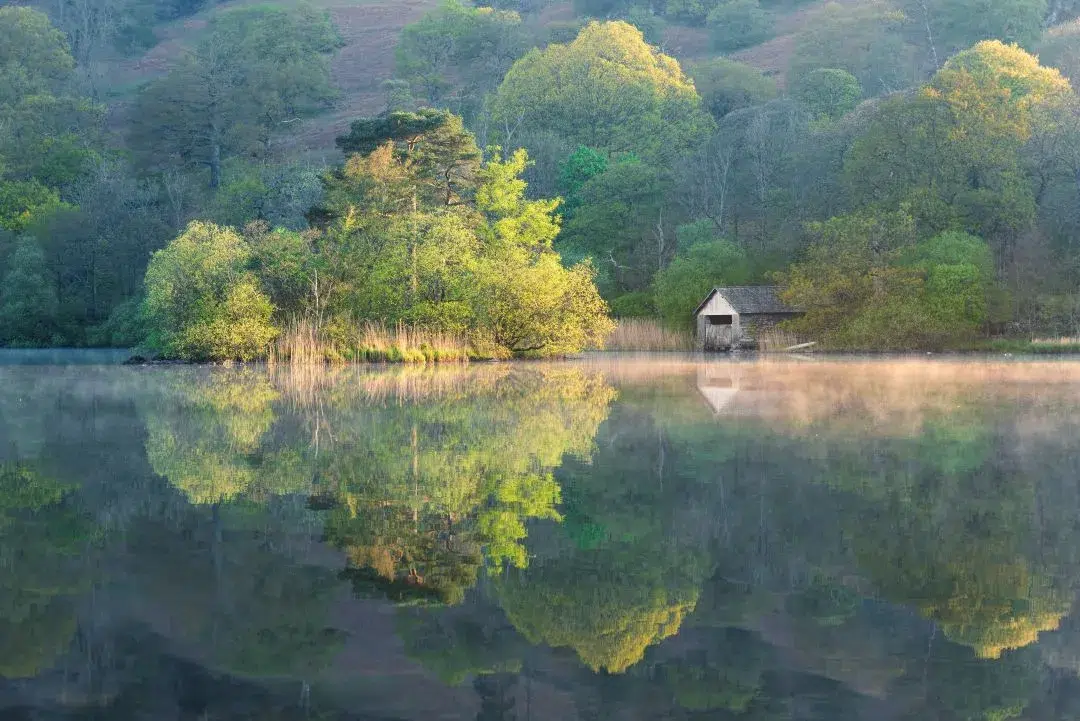 Beautiful Spring colours on trees at Rydal Water in the Lake District UK. Perfect reflections in misty water jpg