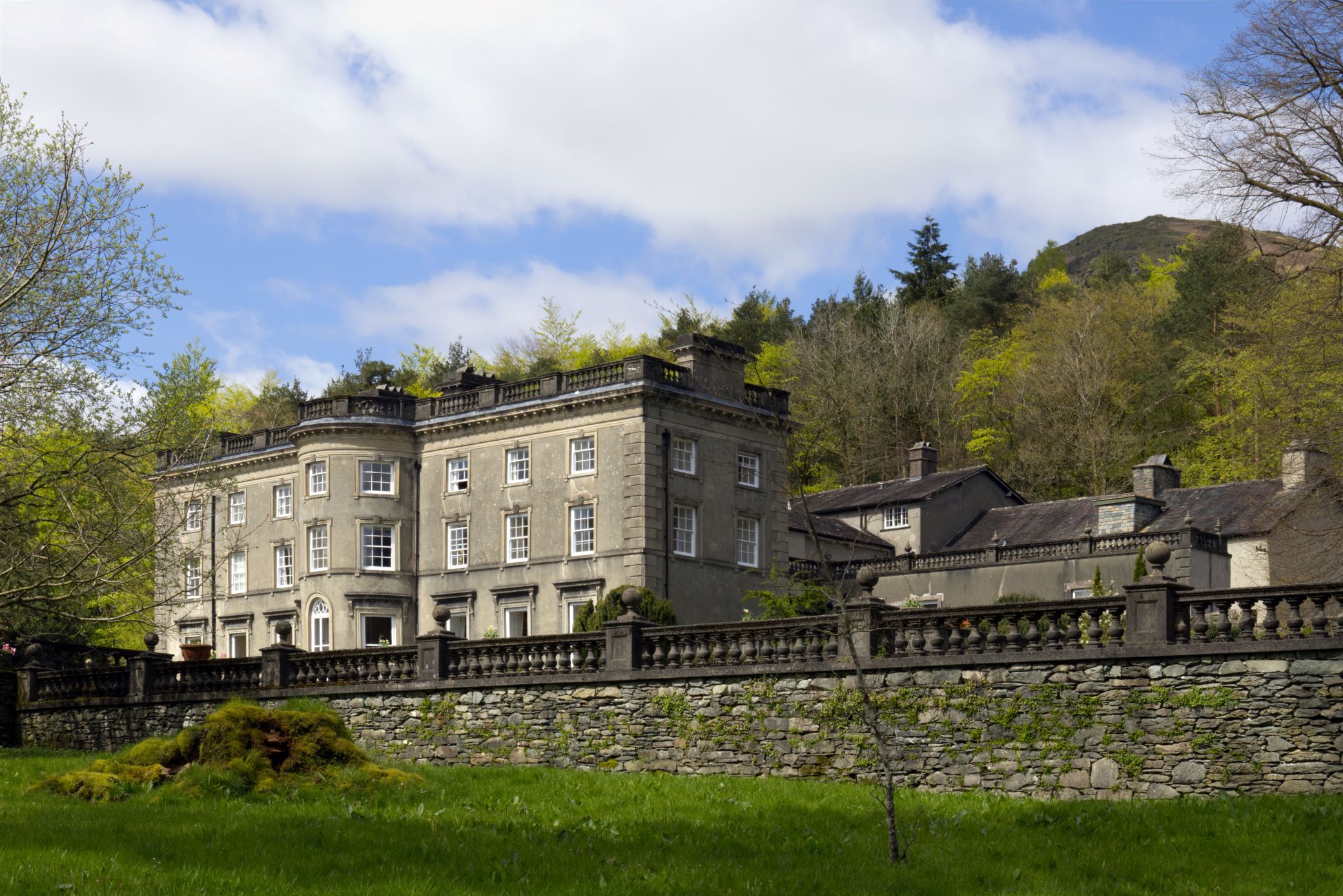 Rydal Hall from the front garden, with Nab Scar in the background